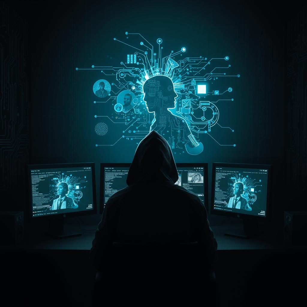 A dramatic and intense digital artwork featuring a hacker sitting in a dark room, illuminated only by the glow of multiple computer screens