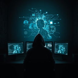 A dramatic and intense digital artwork featuring a hacker sitting in a dark room, illuminated only by the glow of multiple computer screens