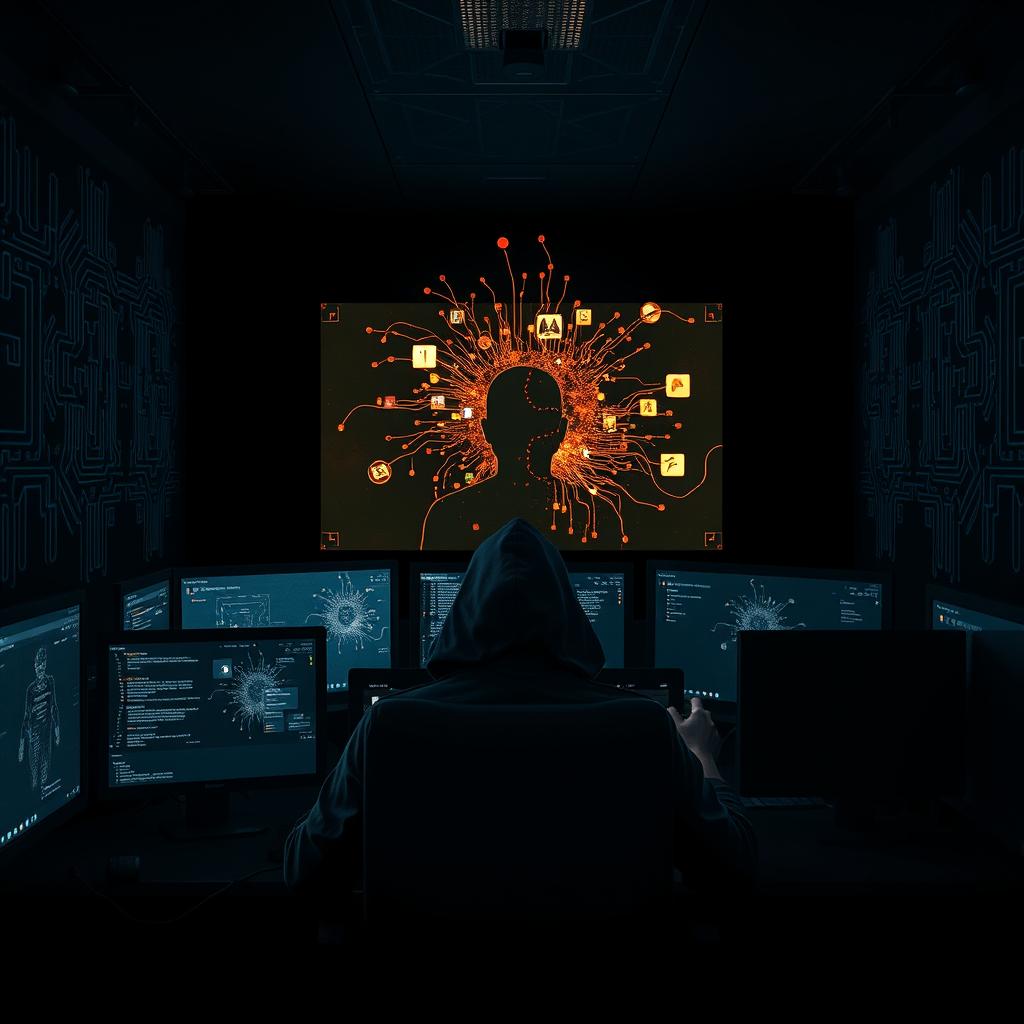 A dramatic and intense digital artwork featuring a hacker sitting in a dark room, illuminated only by the glow of multiple computer screens