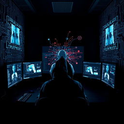 A dramatic and intense digital artwork featuring a hacker sitting in a dark room, illuminated only by the glow of multiple computer screens