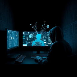 A dramatic and intense digital artwork featuring a hacker sitting in a dark room, illuminated only by the glow of multiple computer screens