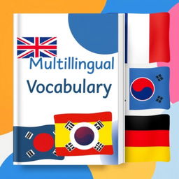 An illustrated ebook cover design featuring a blend of vocabulary elements from English, Spanish, French, Korean, and German languages