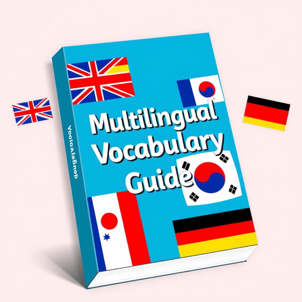 An illustrated ebook cover design featuring a blend of vocabulary elements from English, Spanish, French, Korean, and German languages