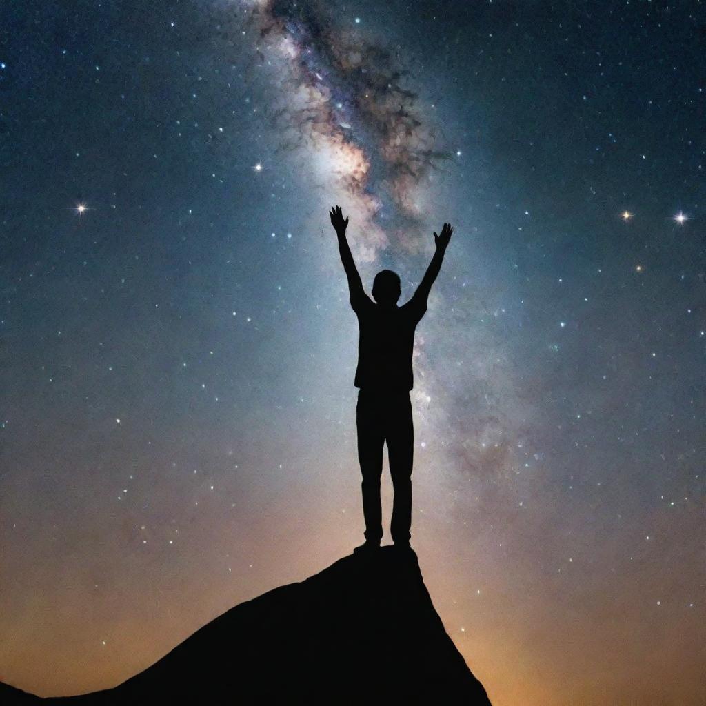 Symbolic representation of the largest human aspiration, depicted as a person reaching for a star in the cosmos.