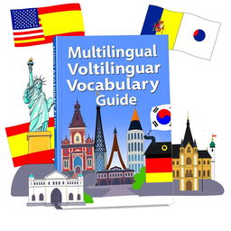 An illustrated ebook cover design featuring a blend of vocabulary elements from English, Spanish, French, Korean, and German languages