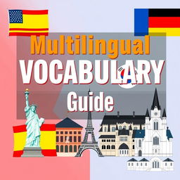 An illustrated ebook cover design featuring a blend of vocabulary elements from English, Spanish, French, Korean, and German languages