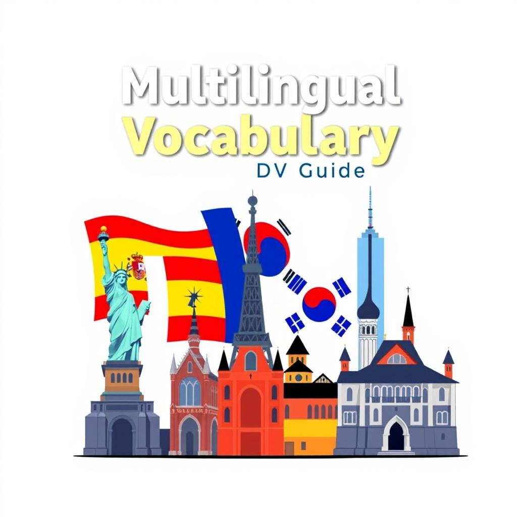 An illustrated ebook cover design featuring a blend of vocabulary elements from English, Spanish, French, Korean, and German languages