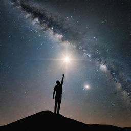 Symbolic representation of the largest human aspiration, depicted as a person reaching for a star in the cosmos.