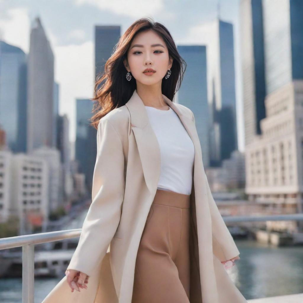 Animated image of a stunningly beautiful Asian woman, modeling in stylish modern attire. She poses with grace and charm, reminiscent of an Instagram fashion model, against a chic cityscape in an anime-style rendering.