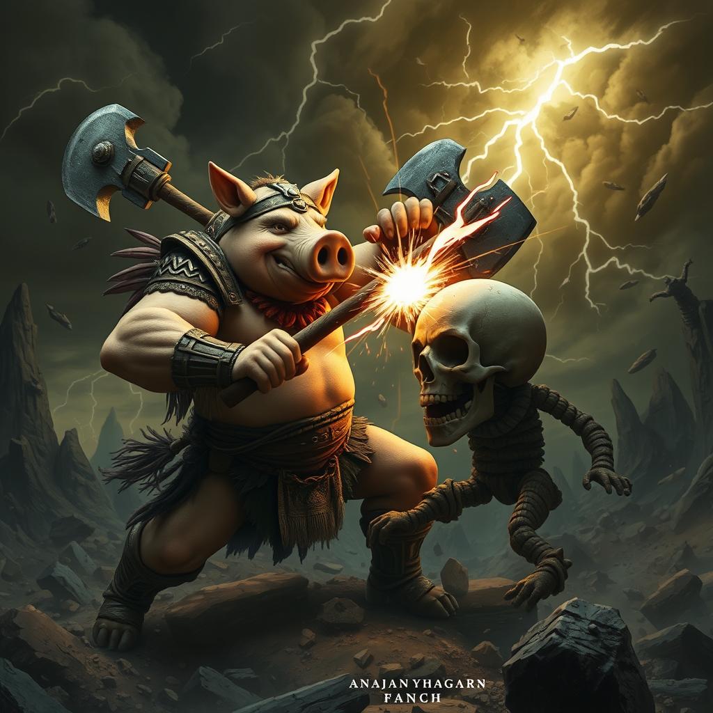 A fierce battle scene featuring a muscular humanoid pig warrior named Jason, equipped with tribal armor and wielding a massive axe, clashing violently with a skull-headed opponent