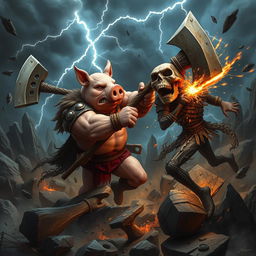 A fierce battle scene featuring a muscular humanoid pig warrior named Jason, equipped with tribal armor and wielding a massive axe, clashing violently with a skull-headed opponent