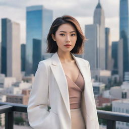 Animated image of a stunningly beautiful Asian woman, modeling in stylish modern attire. She poses with grace and charm, reminiscent of an Instagram fashion model, against a chic cityscape in an anime-style rendering.