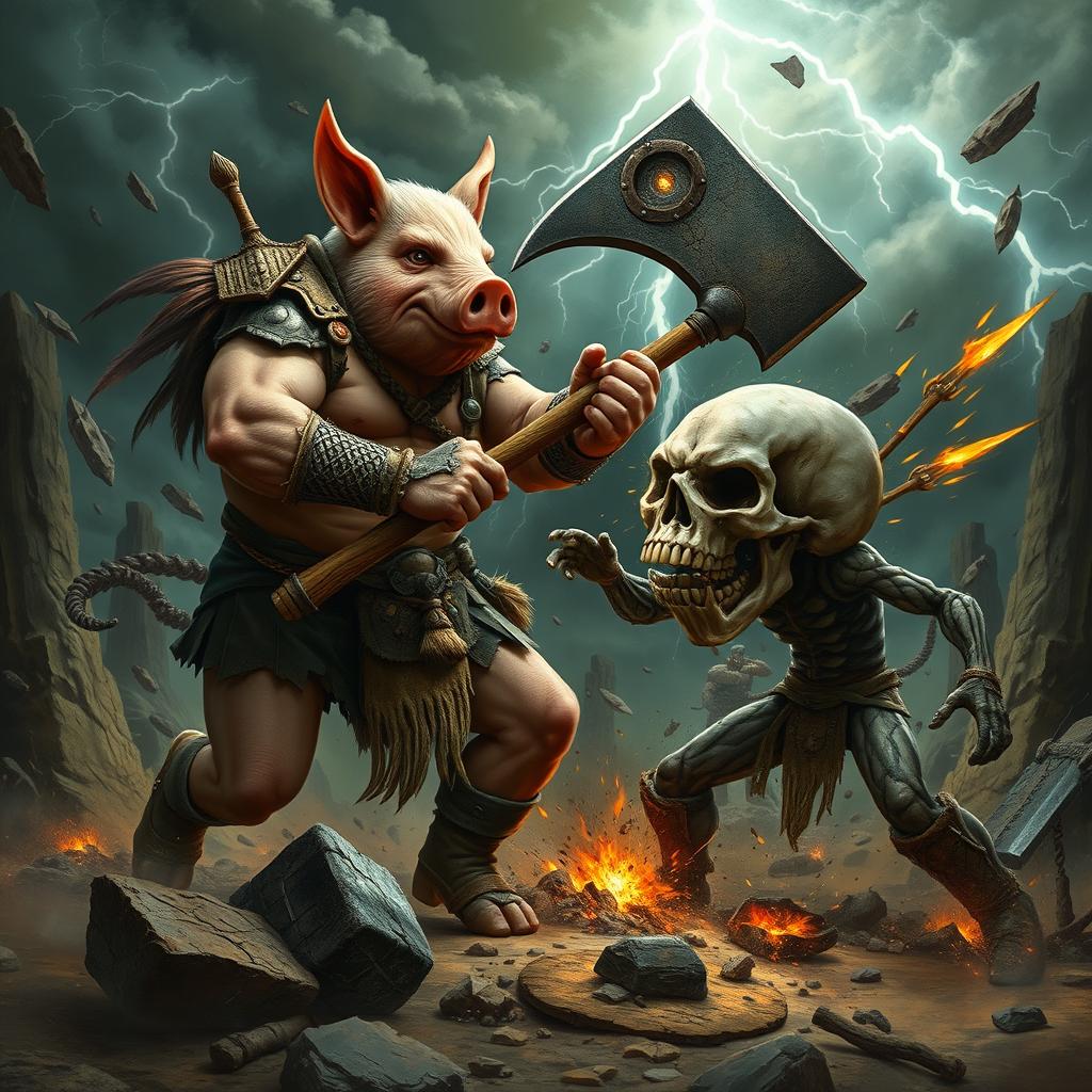 A fierce battle scene featuring a muscular humanoid pig warrior named Jason, equipped with tribal armor and wielding a massive axe, clashing violently with a skull-headed opponent