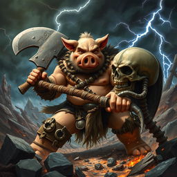 A fierce battle scene between a stout, muscular humanoid pig warrior named Jason, featuring a large and imposing physique, adorned in rugged tribal armor while wielding a giant battle axe