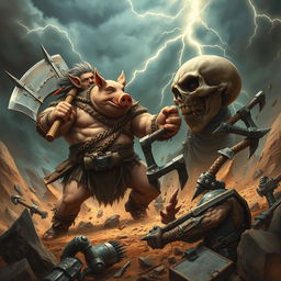 A fierce battle scene between a stout, muscular humanoid pig warrior named Jason, featuring a large and imposing physique, adorned in rugged tribal armor while wielding a giant battle axe