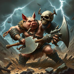 A fierce battle scene between a stout, muscular humanoid pig warrior named Jason, featuring a large and imposing physique, adorned in rugged tribal armor while wielding a giant battle axe