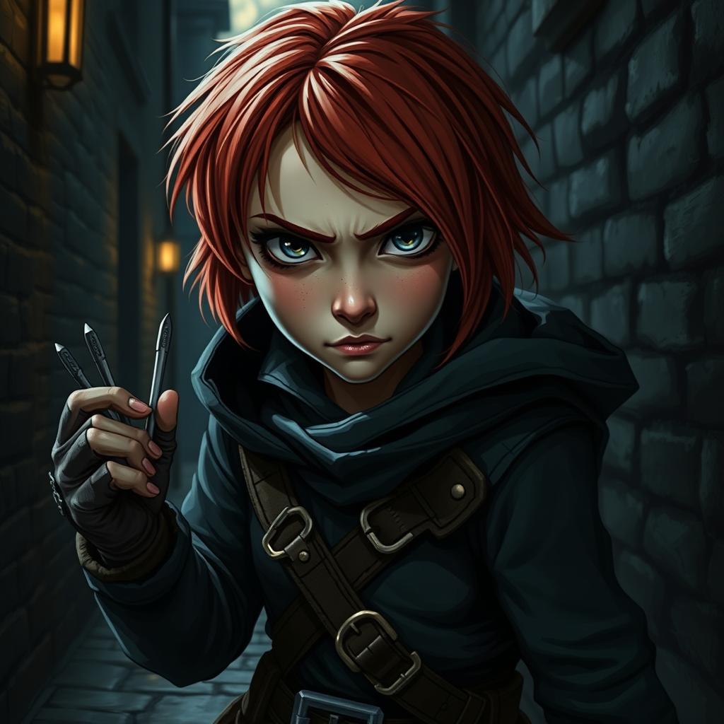 A sneaky halfling rogue female with short red hair and grey-blue eyes resembling those of a wolf