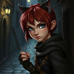 A sneaky halfling rogue female with short red hair and grey-blue eyes resembling those of a wolf