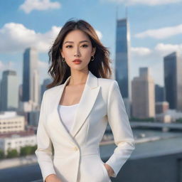 Animated image of a stunningly beautiful Asian woman, modeling in stylish modern attire. She poses with grace and charm, reminiscent of an Instagram fashion model, against a chic cityscape in an anime-style rendering.