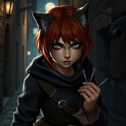 A sneaky halfling rogue female with short red hair and grey-blue eyes resembling those of a wolf