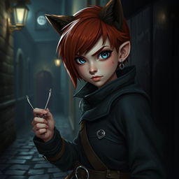 A sneaky halfling rogue female with short red hair and grey-blue eyes resembling those of a wolf