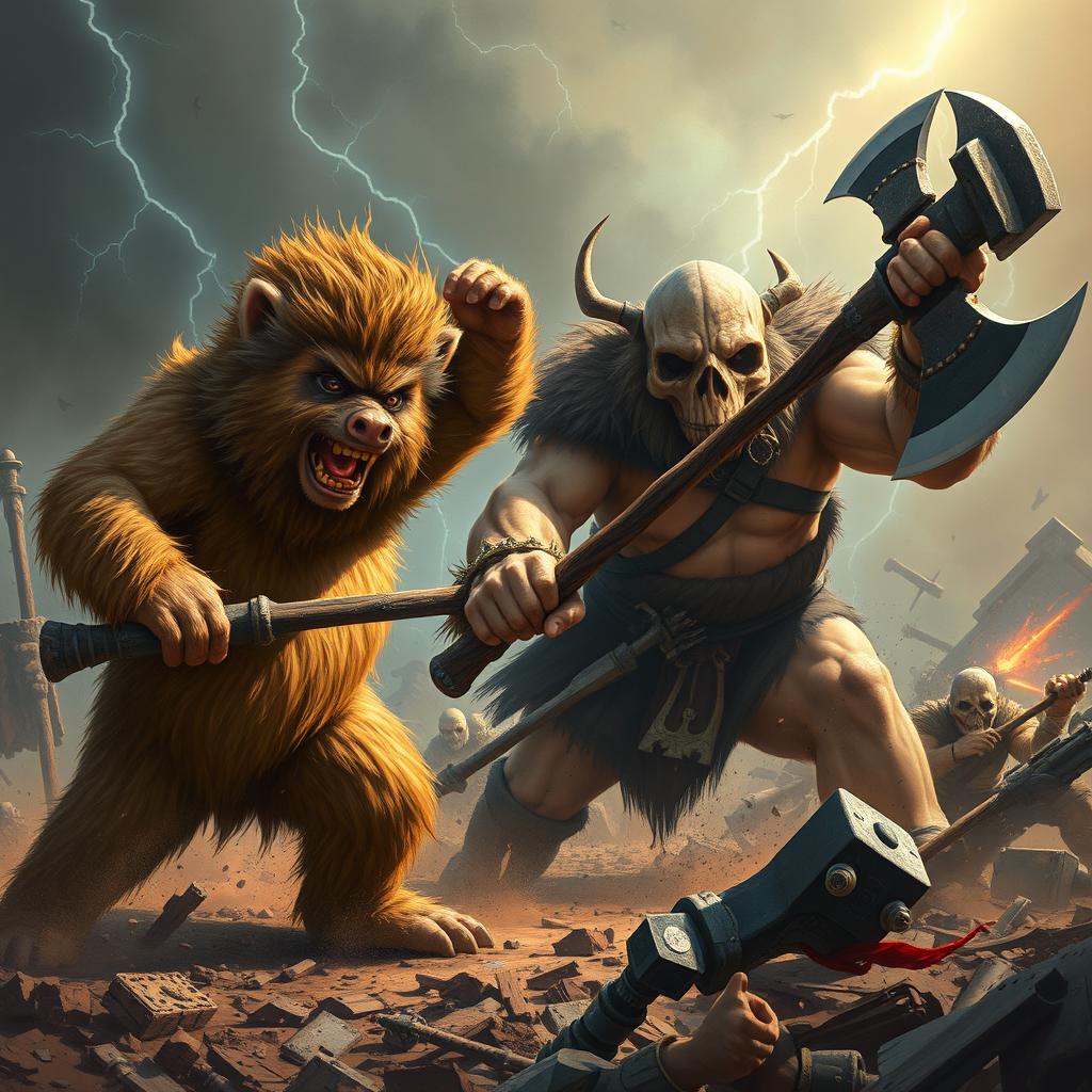 A dynamic and chaotic battle scene featuring an Ewok, a stout humanoid pig warrior named Jason with a large, muscular build, and a terrifying skull-headed figure