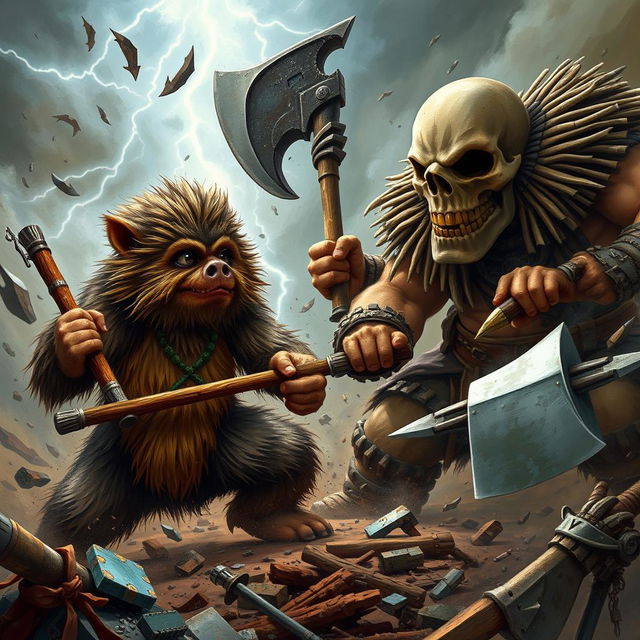 A dynamic and chaotic battle scene featuring an Ewok, a stout humanoid pig warrior named Jason with a large, muscular build, and a terrifying skull-headed figure