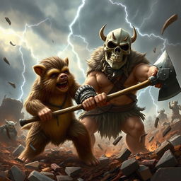 A dynamic and chaotic battle scene featuring an Ewok, a stout humanoid pig warrior named Jason with a large, muscular build, and a terrifying skull-headed figure