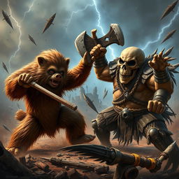 A dynamic and chaotic battle scene featuring an Ewok, a stout humanoid pig warrior named Jason with a large, muscular build, and a terrifying skull-headed figure