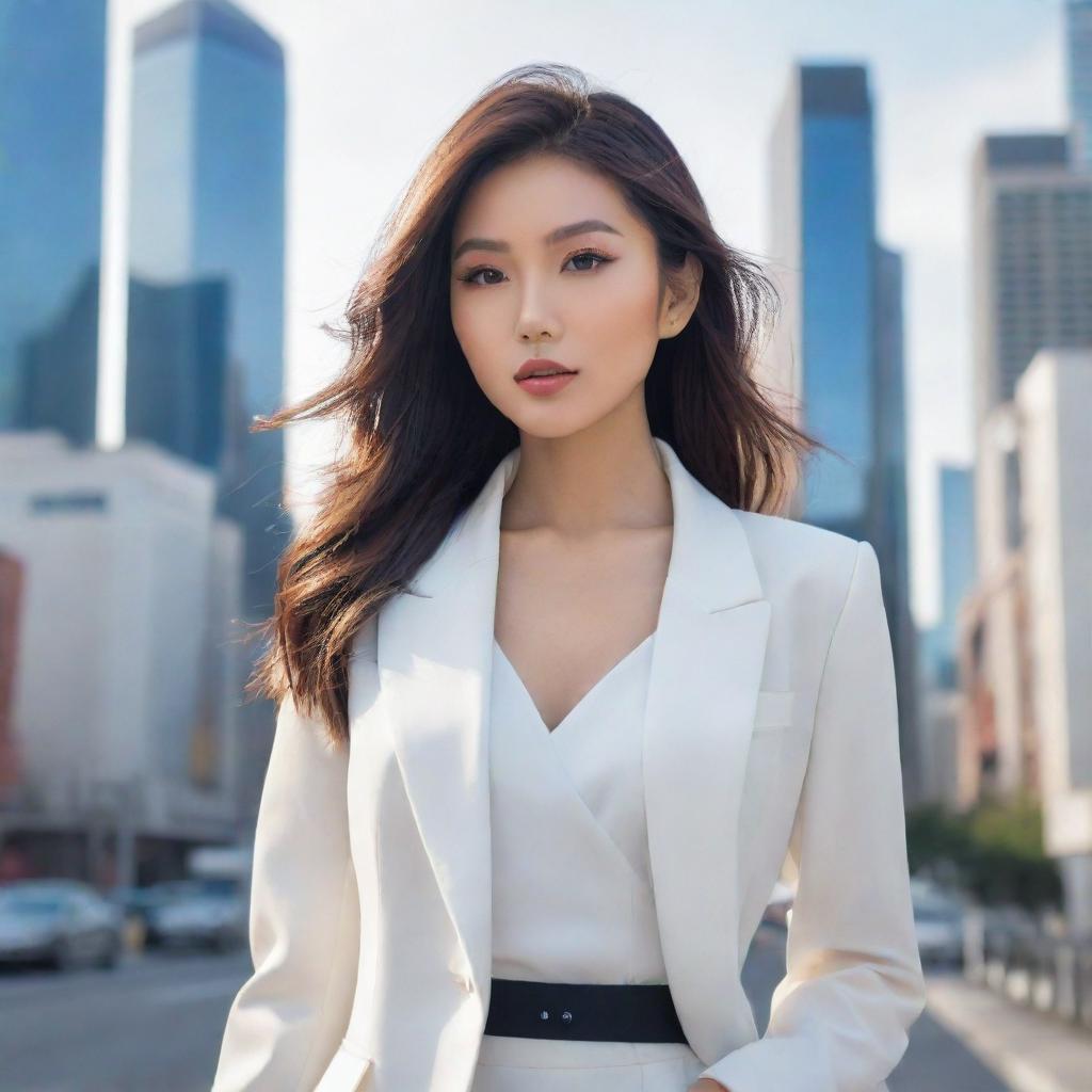 Animated image of a stunningly beautiful Asian woman, modeling in stylish modern attire. She poses with grace and charm, reminiscent of an Instagram fashion model, against a chic cityscape in an anime-style rendering.