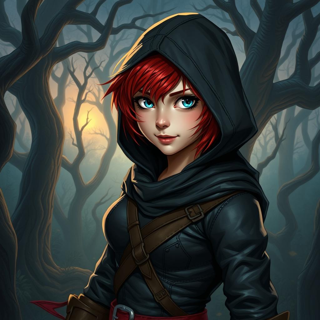 A sneaky halfling rogue female with short red hair and striking grey-blue eyes