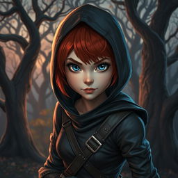 A sneaky halfling rogue female with short red hair and striking grey-blue eyes