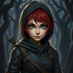 A sneaky halfling rogue female with short red hair and striking grey-blue eyes