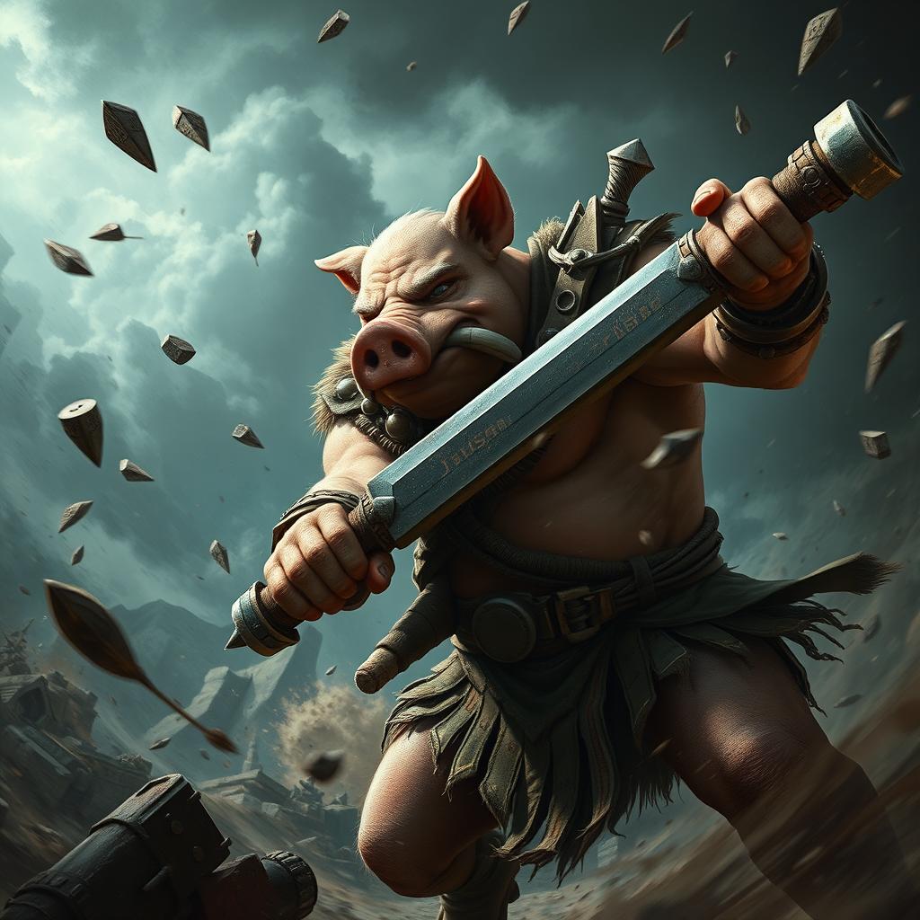 An intense scene showcasing Jason, a stout humanoid pig warrior with a strong build and wearing rugged tribal armor, engaged in a brutal fight