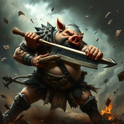 An intense scene showcasing Jason, a stout humanoid pig warrior with a strong build and wearing rugged tribal armor, engaged in a brutal fight