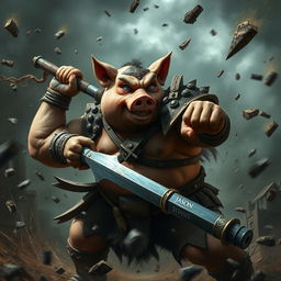 An intense scene showcasing Jason, a stout humanoid pig warrior with a strong build and wearing rugged tribal armor, engaged in a brutal fight