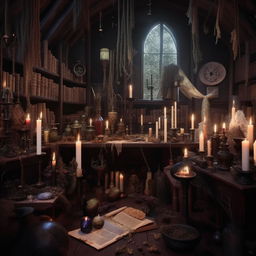 A gothic style witchcraft room filled with ancient books, mystical artifacts, flickering candles and crystal balls, herbs drying from the ceiling, and a large wooden table covered in maps and spell scrolls.