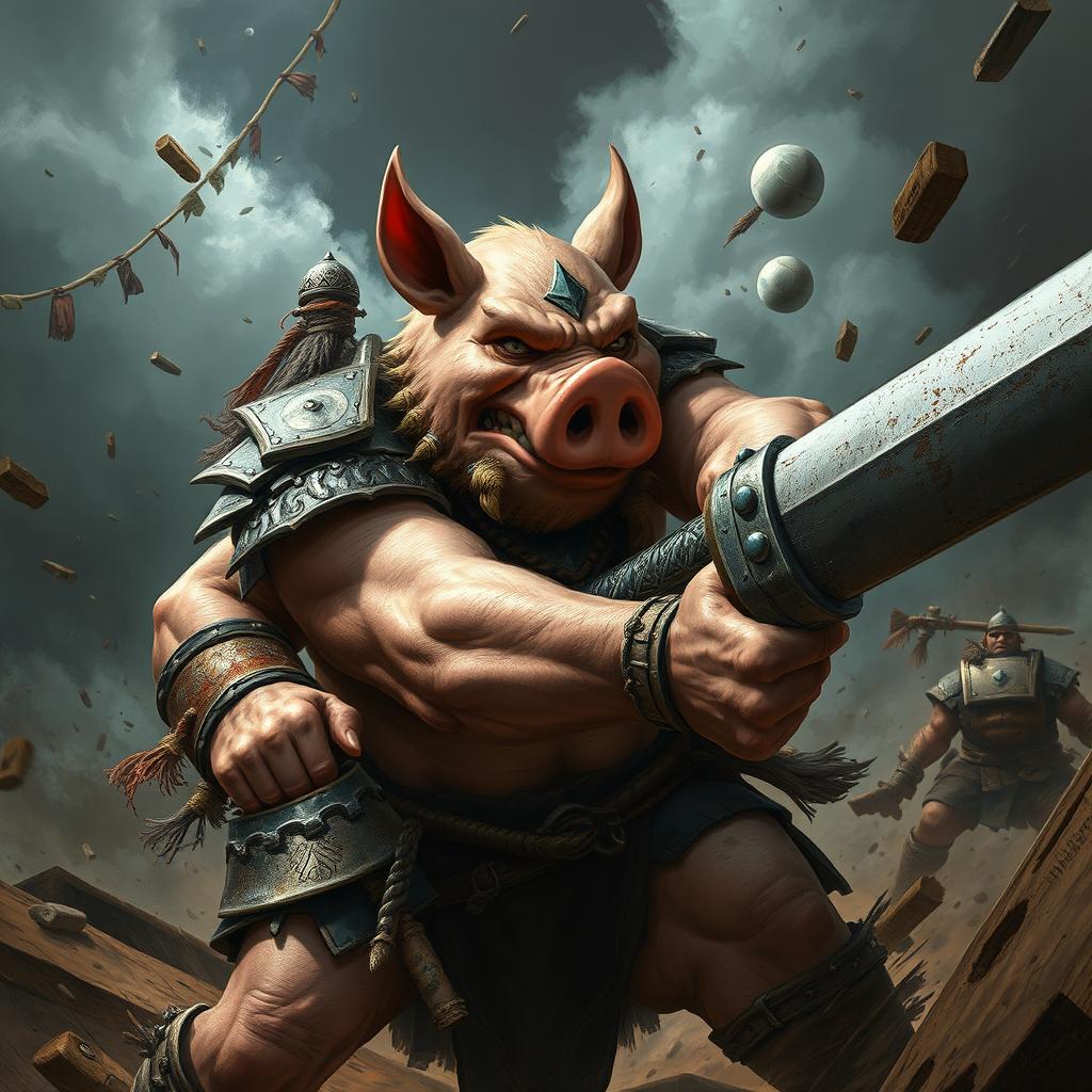 An intense scene showcasing Jason, a stout humanoid pig warrior with a strong build and wearing rugged tribal armor, engaged in a brutal fight