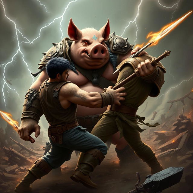 An intense showdown featuring a stout and muscular humanoid pig warrior, dramatically engaged in a fierce fight with a character named Jason