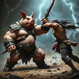 An intense showdown featuring a stout and muscular humanoid pig warrior, dramatically engaged in a fierce fight with a character named Jason