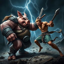 An intense showdown featuring a stout and muscular humanoid pig warrior, dramatically engaged in a fierce fight with a character named Jason