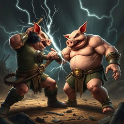 An intense showdown featuring a stout and muscular humanoid pig warrior, dramatically engaged in a fierce fight with a character named Jason