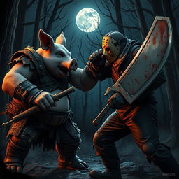 An intense showdown featuring a stout humanoid pig warrior, characterized by a robust and muscular build, engaged in a fierce battle against Jason Voorhees, the iconic horror character