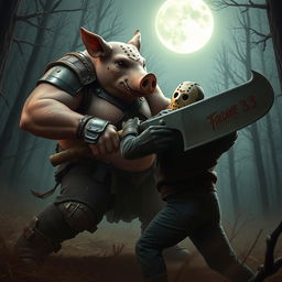 An intense showdown featuring a stout humanoid pig warrior, characterized by a robust and muscular build, engaged in a fierce battle against Jason Voorhees, the iconic horror character