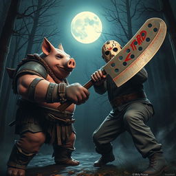 An intense showdown featuring a stout humanoid pig warrior, characterized by a robust and muscular build, engaged in a fierce battle against Jason Voorhees, the iconic horror character