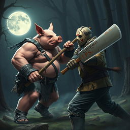 An intense showdown featuring a stout humanoid pig warrior, characterized by a robust and muscular build, engaged in a fierce battle against Jason Voorhees, the iconic horror character