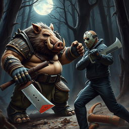 An epic confrontation featuring a stout and powerful humanoid boar warrior, characterized by its hefty build and distinct tusks, engaged in a fierce battle against Jason Voorhees, the iconic horror character known for his hockey mask and menacing demeanor