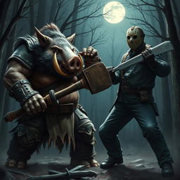 An epic confrontation featuring a stout and powerful humanoid boar warrior, characterized by its hefty build and distinct tusks, engaged in a fierce battle against Jason Voorhees, the iconic horror character known for his hockey mask and menacing demeanor