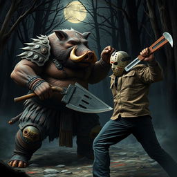 An epic confrontation featuring a stout and powerful humanoid boar warrior, characterized by its hefty build and distinct tusks, engaged in a fierce battle against Jason Voorhees, the iconic horror character known for his hockey mask and menacing demeanor