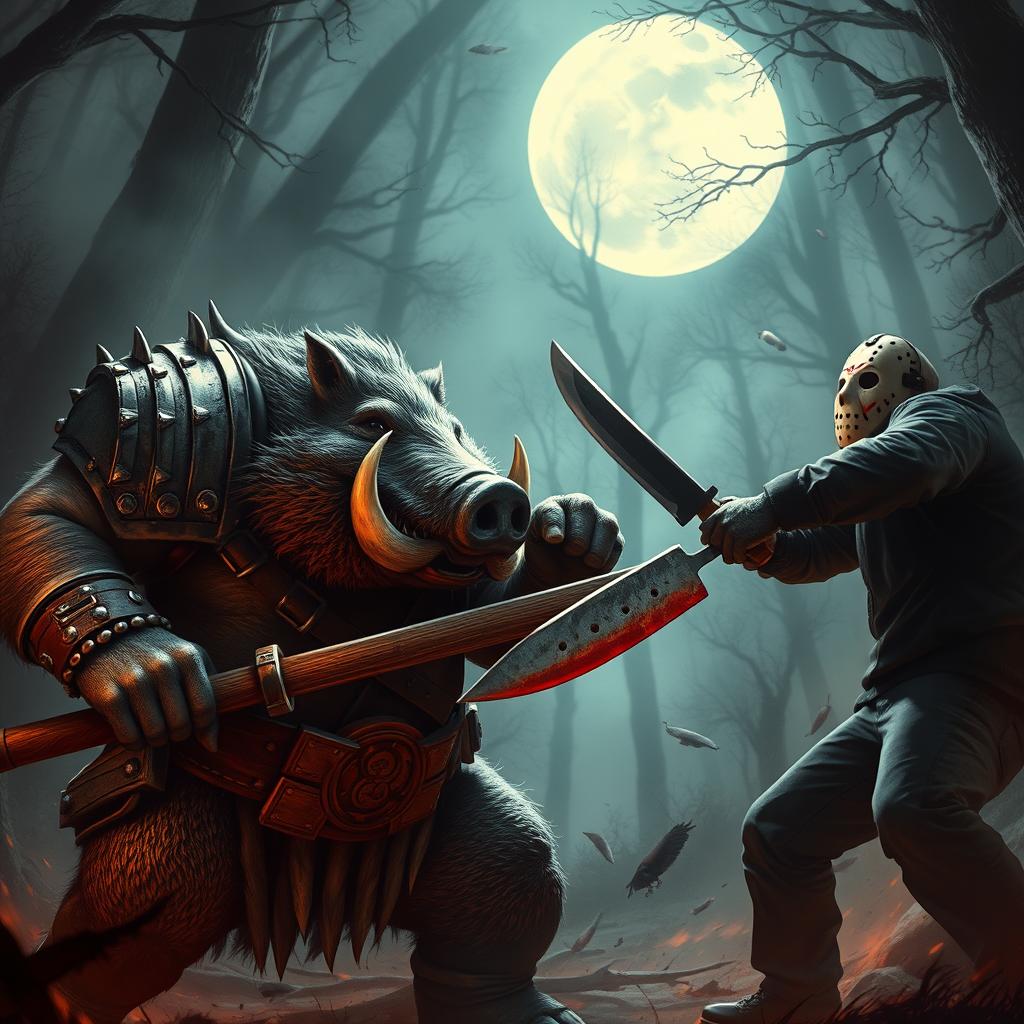 An epic confrontation featuring a stout and powerful humanoid boar warrior, characterized by its hefty build and distinct tusks, engaged in a fierce battle against Jason Voorhees, the iconic horror character known for his hockey mask and menacing demeanor